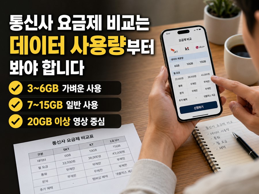 데이터 사용량 구간별로 통신사 요금제를 비교하는 기준을 한눈에 보여주는 체크리스트형 이미지입니다.