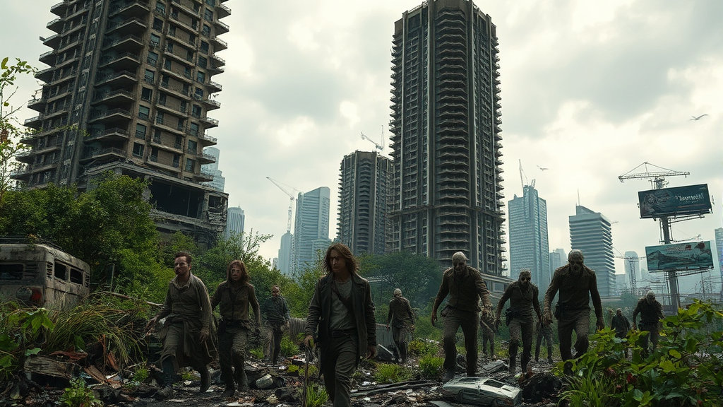 폐허가 된 도시 배경의 좀비 아포칼립스와 사회적 은유를 담은 장면