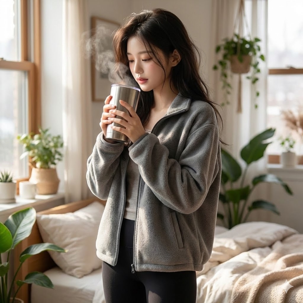 아침에 따듯한 옷을 걸치고 따듯한 물을 마시는 여성 사진