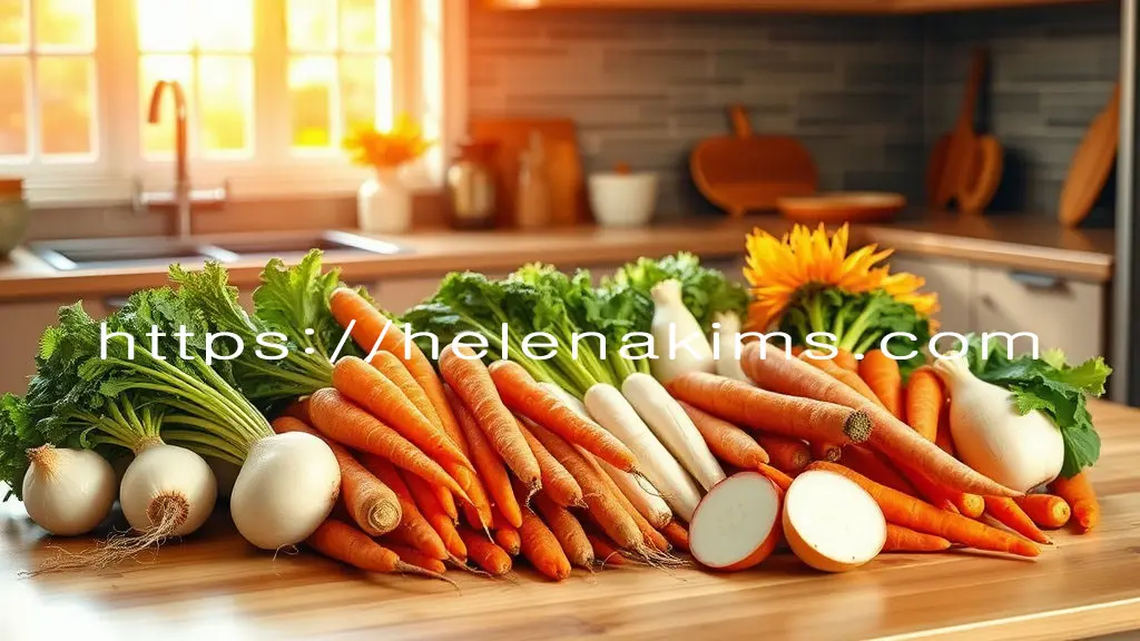 고급스럽고 활기찬 주방 공간에 신선하고 다채로운 가을 뿌리 채소들이 풍성하게 놓여 있다. 밝은 나무 테이블 위에는 깨끗하게 손질된 무, 당근, 우엉, 연근, 그리고 도라지나 더덕이 종류별로 보기 좋게 나열된 모습.