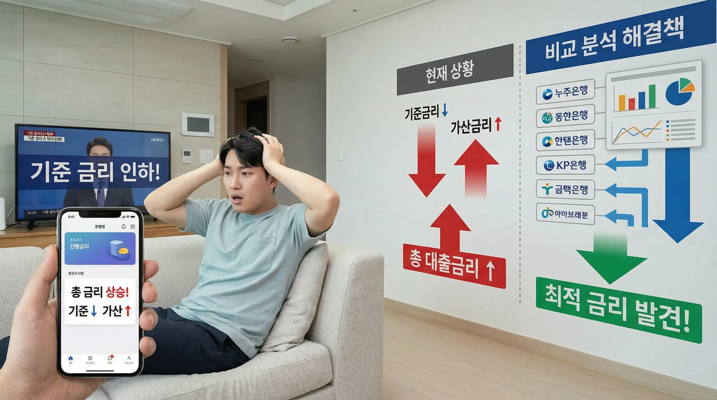 기준 금리는 내려가는데 가산 금리가 올라가서 당황하는 대출자의 모습과 이를 해결할 비교 분석 이미지