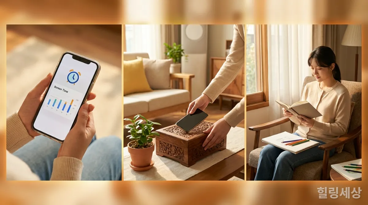 스마트폰 스크린 타임을 확인하고 책을 읽는 한국인