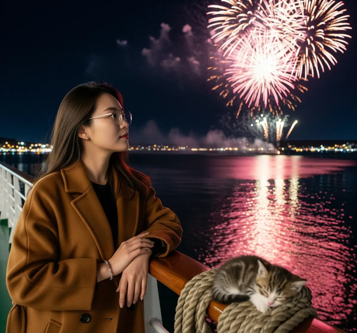 0대 한국 여성이, 핼리팩스 항구의 불꽃놀이 크루즈 위에서 밤바다에 비치는 불꽃을 감상하는 모습