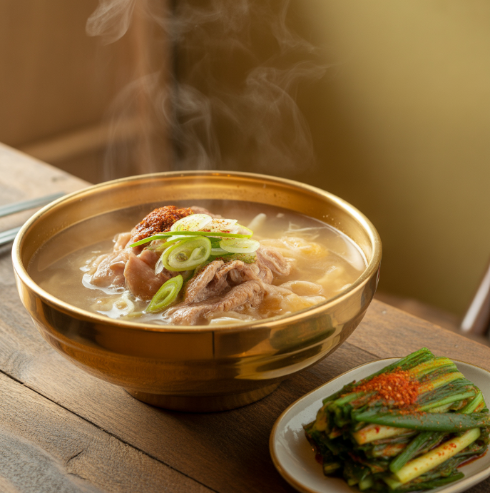 김이 모락모락 나는 돼지국밥 옆에 파김치 한 접시 놓인 따뜻한 분위기 사진