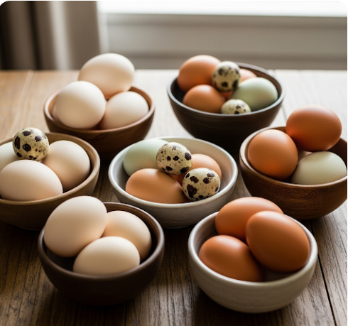 다양한 크기와 색깔의 여러 개의 계란이 바구니가 아닌 여러 개의 작은 그릇에 나누어 담겨 있는 모습. '계란을 한 바구니에 담지 마라'는 분산 투자의 원칙을 시각적