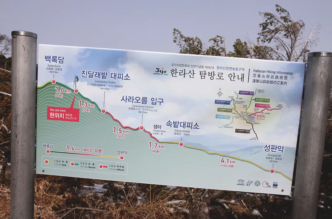 한라산 정상에서 성판악 하산하는 안내판
