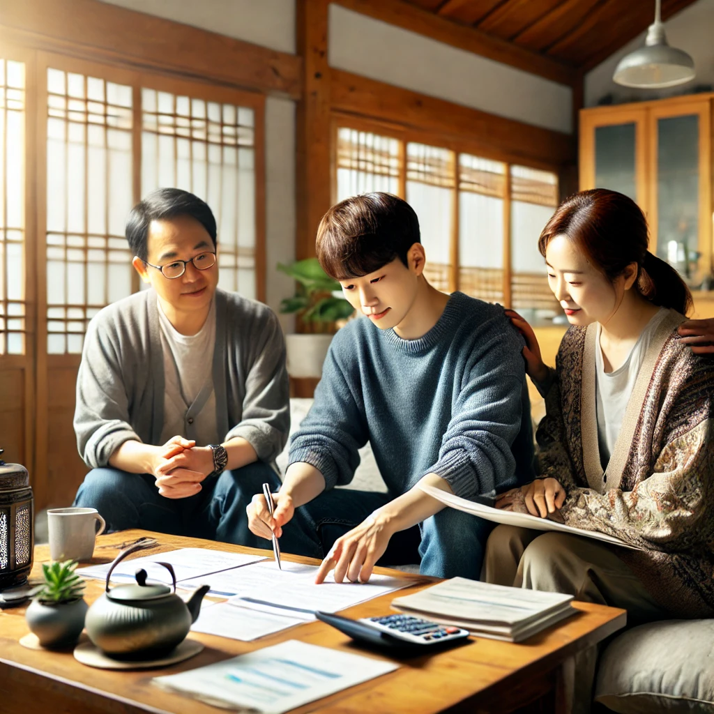 한국 가족이 집에서 재정 문서를 논의하는 모습