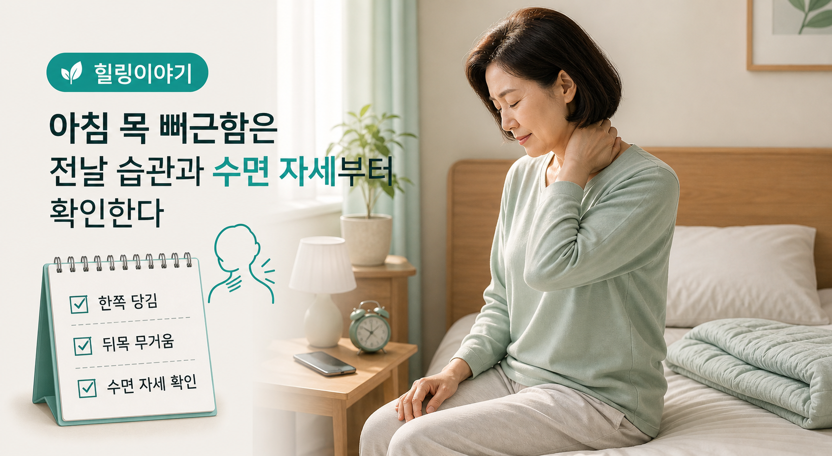 자고 일어나면 목이 뻐근할 때 수면 자세와 아침 목 상태를 확인하는 침실 장면