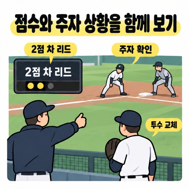 2점 차 리드 안내판과 베이스 주변 선수들 앞에서 감독이 준비된 투수에게 교체 신호를 보내며 점수와 주자 상황을 함께 확인하는 모습