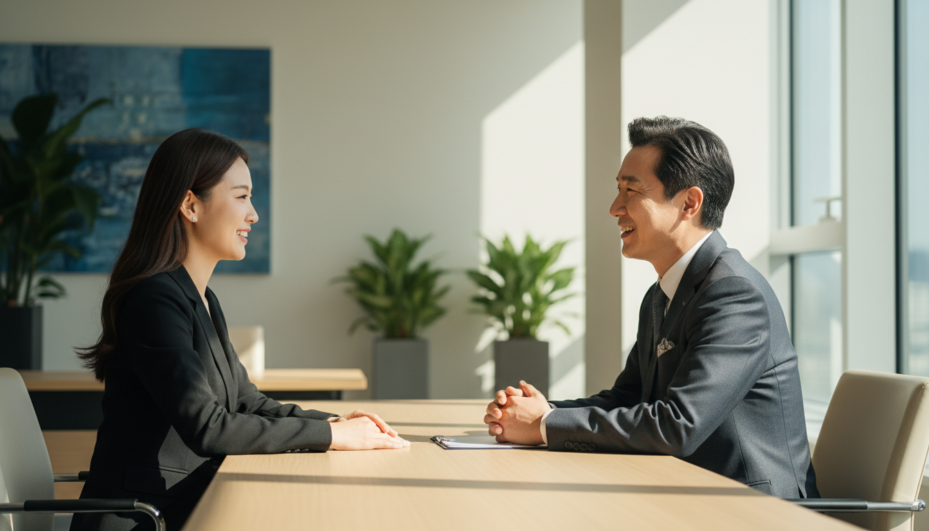 현대적인 사무실에서 고객과 마주 앉아 상담 중인 50대 한국인 재무 설계사의 측면 앵글, 전문적이고 진지한 분위기, 시네마틱 조명.