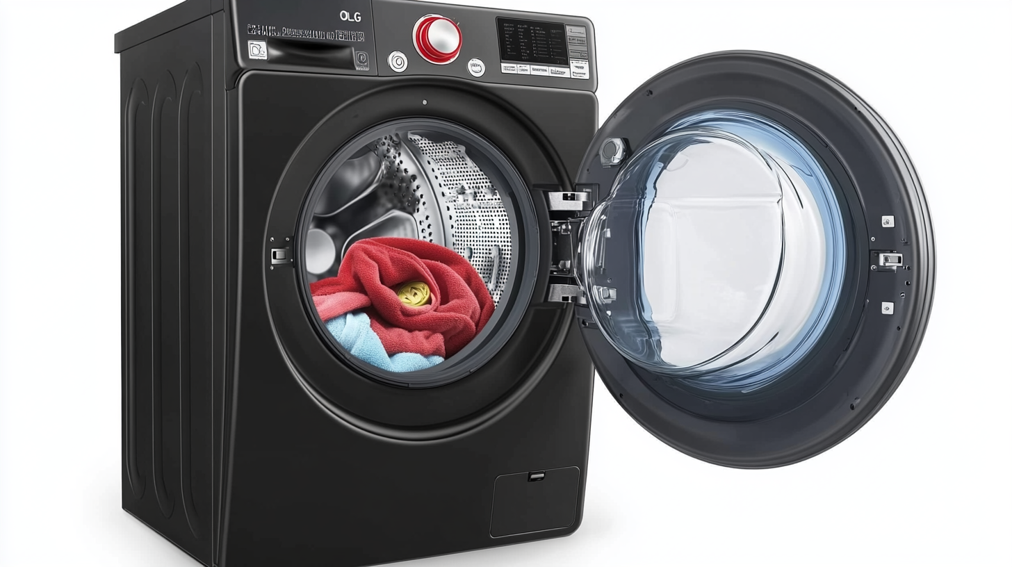 LG 오브제 세탁기의 단면도에서 표현된 초절전 인버터 모터의 역동적인 성능, 에너지 효율성과 조용한 작동을 보여주는 이미지.