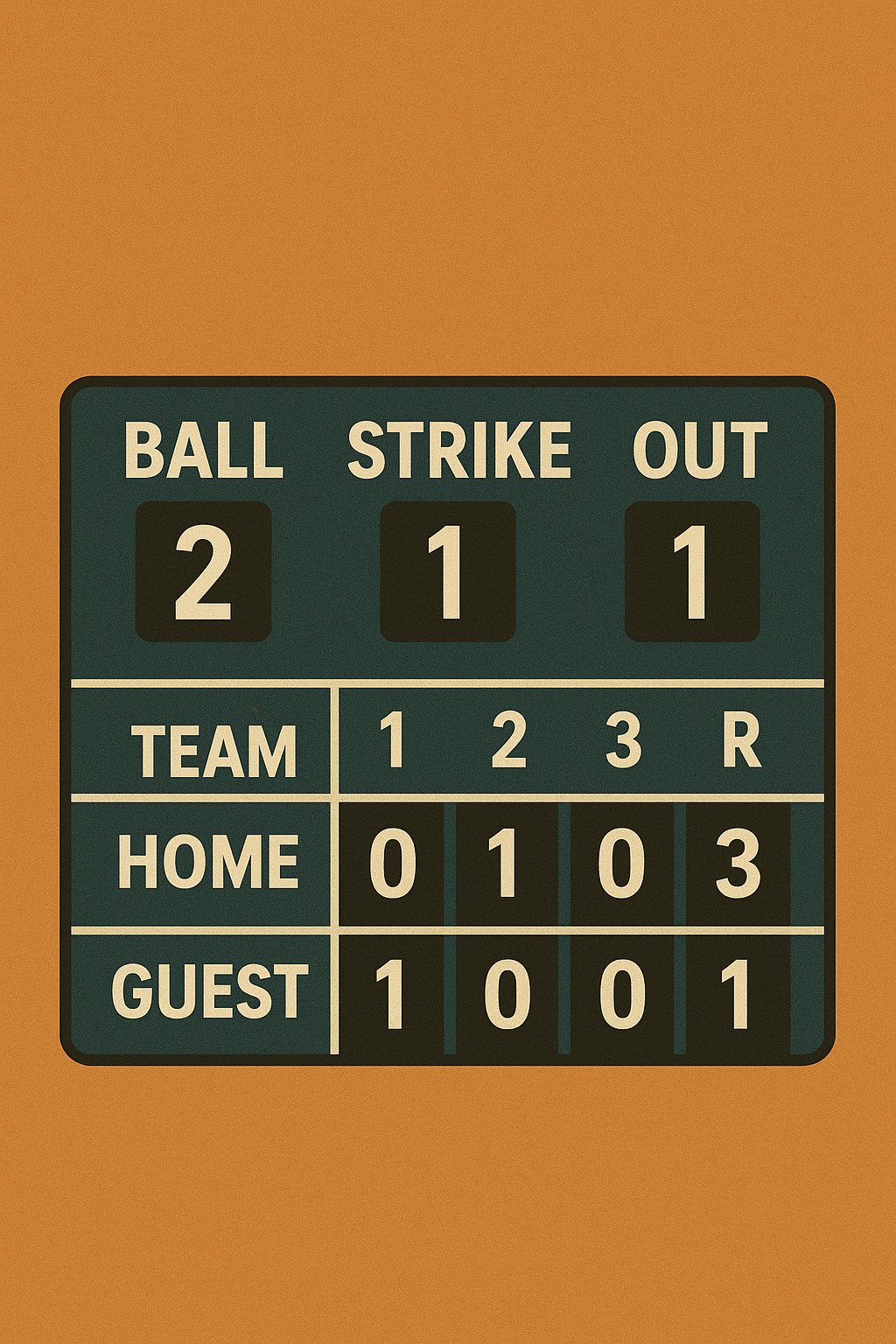 야구 경기 점수판(스코어보드) 이미지. 현재 3회까지 홈팀 3점, 원정팀 1점이며, 볼 2개, 스트라이크 1개, 아웃 1개 상황을 보여주고 있음.