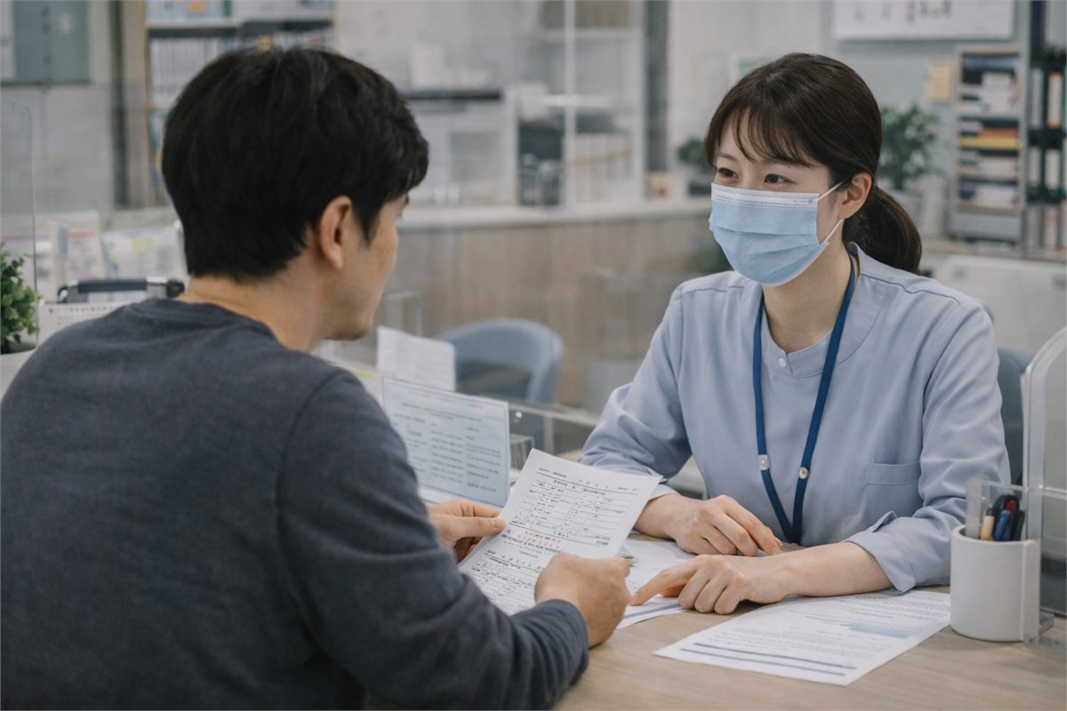 주민센터 창구에서 직원에게 신청 상담을 받는 남성 장면