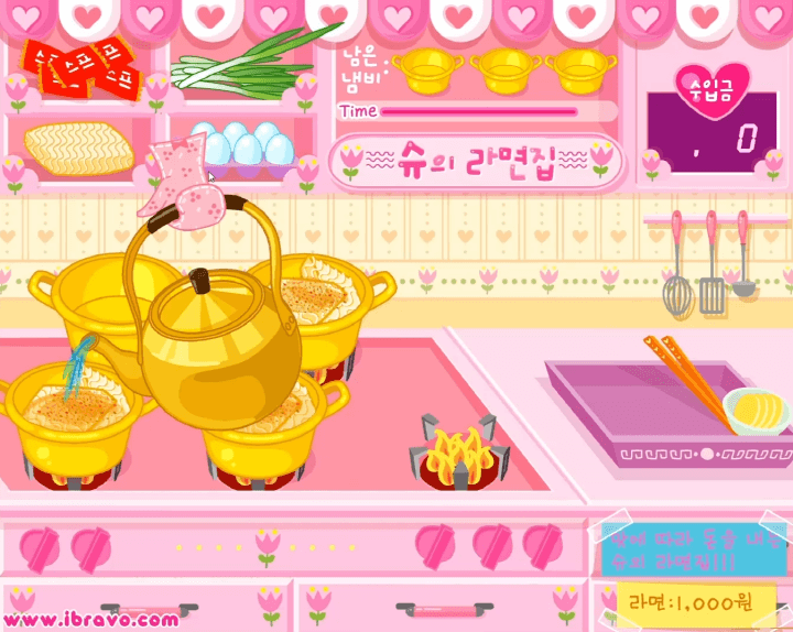 슈의-라면가게-플래시게임-플레이-면과-스프위에-물을-넣는-화면