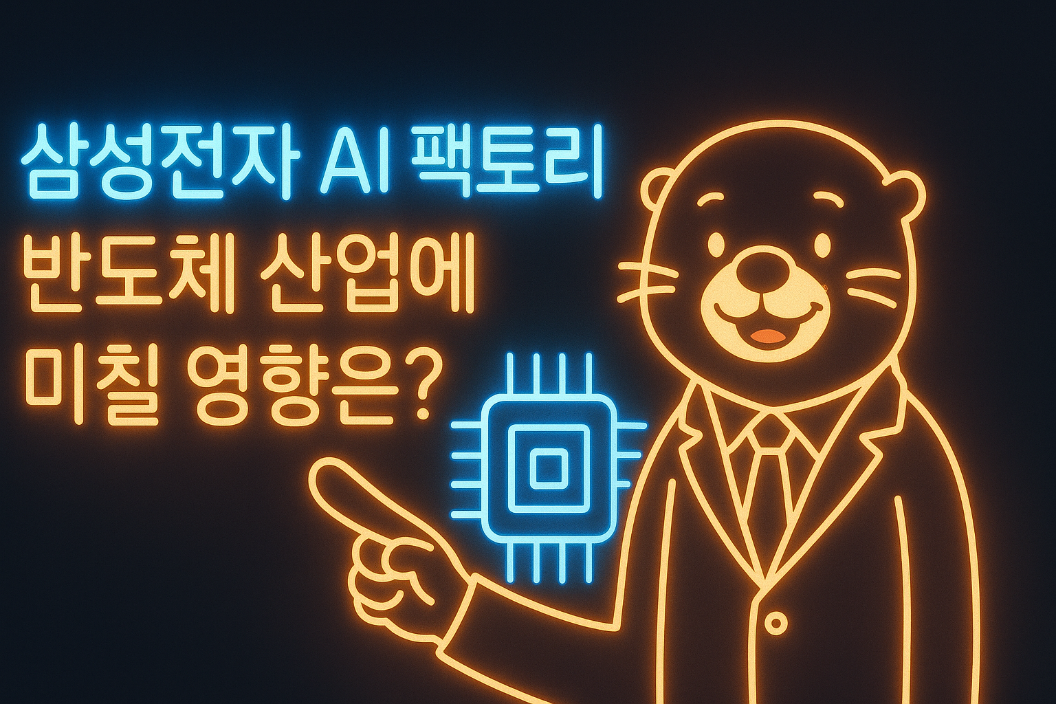 삼성전자 AI 팩토리가 반도체 산업에 미칠 영향을 묻는 네온사인 텍스트와 미소 짓는 수달 팀장이 반도체 칩 아이콘을 가리키는 장면