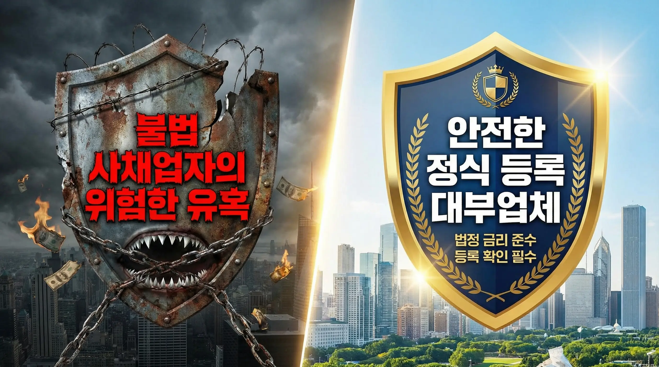 불법 사채업자의 위험한 유혹과 안전한 정식 등록 대부업체를 구별하는 방패 이미지
