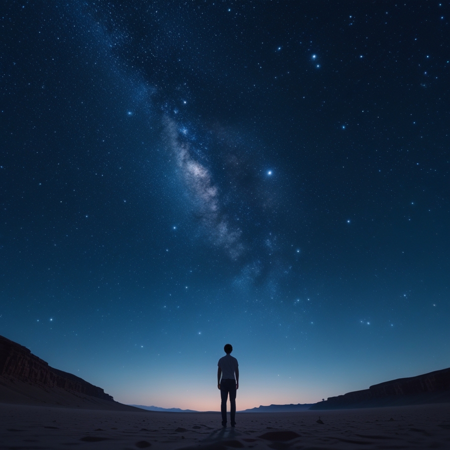 어두운 밤하늘 아래 셀 수 없이 많은 별을 바라보며 약속을 받는 장면을 상징적으로 표현한 이미지