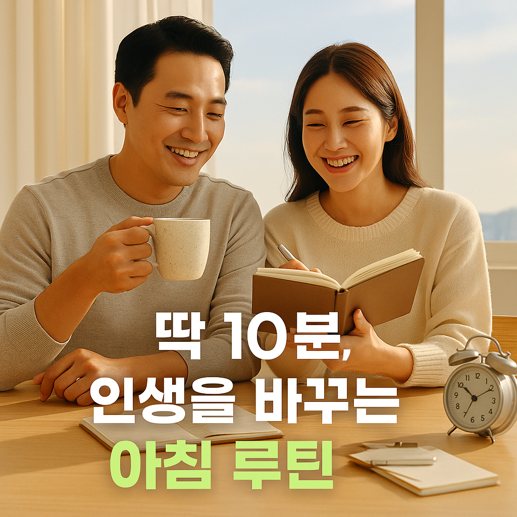 아침 햇살 아래에서 커피와 함께 다이어리를 보며 웃는 커플