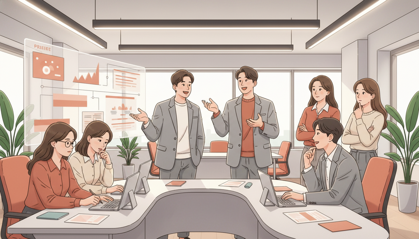 내향형과 외향형 한국 직장인들이 서로 존중하며 협력하는 팀워크 장면.