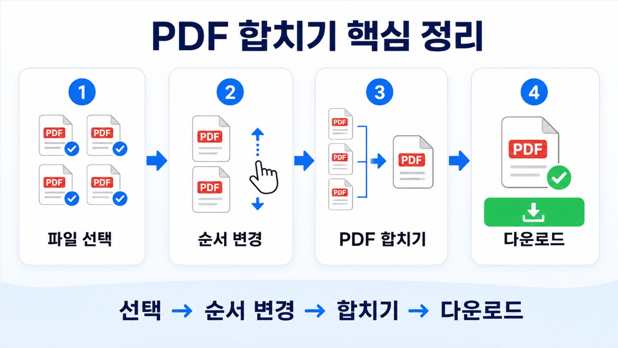핵심 정리 아래: 선택 → 순서 변경 → 합치기 → 다운로드 요약 이미지