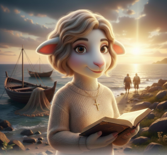 갈릴래아 호숫가에서 아침 햇살을 받으며 성경을 읽고 있는 지혜로운 양 선생님 캐릭터와 멀리 보이는 제자들의 모습