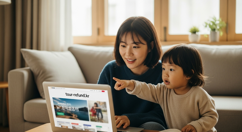 tour-refund.kr 사이트를 노트북으로 접속 중인 한국 여성과 그 옆에서 화면을 가리키는 아이
