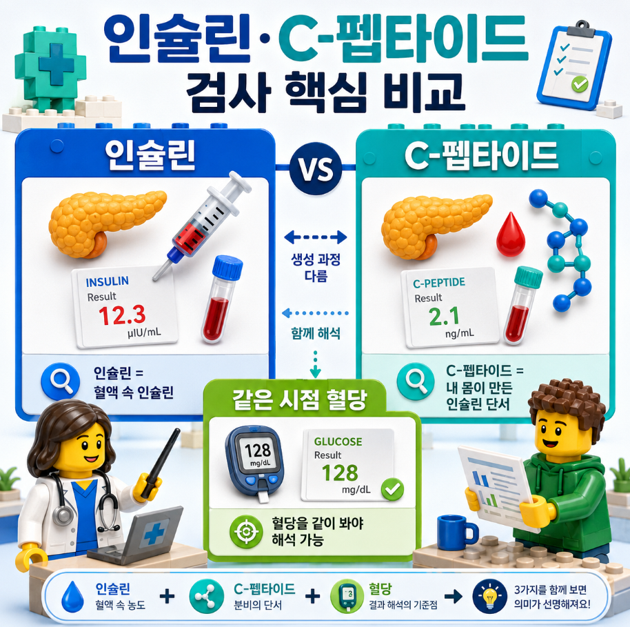 인슐린과 C-펩타이드 검사 핵심 비교를 설명하는 레고 스타일 의료 인포그래픽