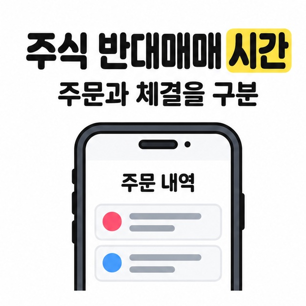 주식 반대매매매 시간으로 매가 중복 표기된 표지 제목 아래 주문과 체결을 구분 문구와 스마트폰 주문 내역 삽화가 있는 이미지