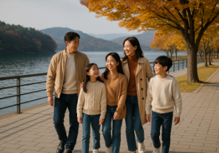 남한강 근처 산책하며 즐거워하는 가족 모습