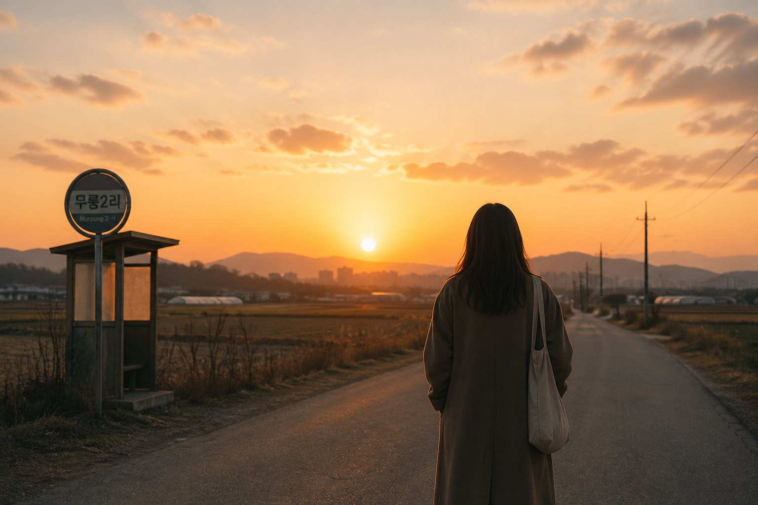 한적한 시골길에서 해질녘 노을을 바라보는 한 사람의 뒷모습, 나의 해방일지 감성의 감정 공감 장면