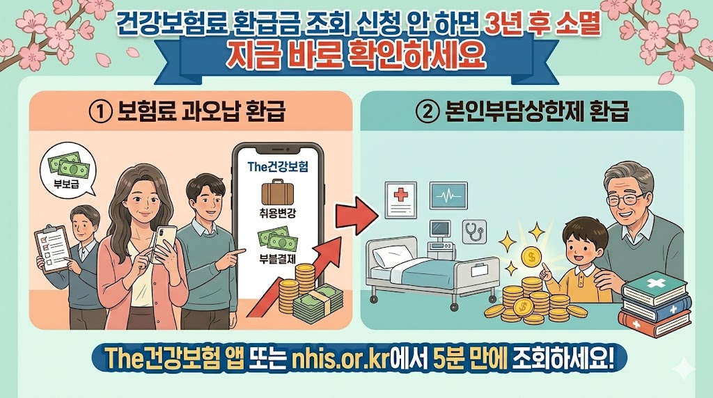 국민건강보험 건강보험료 환급금 조회 및 신청 안내 썸네일. 흰색 배경에 국민건강보험 로고와 함께 "건강보험료 환급금 조회"라는 핵심 문구를 크게 배치하고, "신청 안 하면 3년 후 소멸"이라는 긴급 메시지를 빨간색 네모 상자 안에 넣어 주의를 환기하고, "지금 바로 확인하세요"라는 문구와 화살표를 통해 즉각적인 행동을 유도하는 이미지