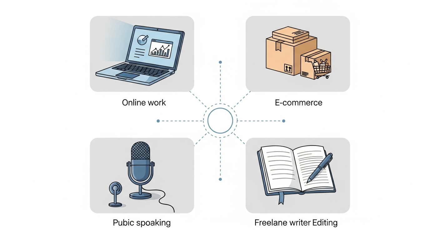온라인 쇼핑몰, 프리랜서 글쓰기, 배달 등 다양한 직장인 부업 소득 유형을 보여주는 인포그래픽.