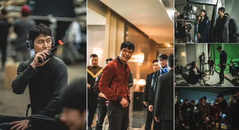 영화 보호자를 촬영하고 있는 정우성 감독과 출연 배우들