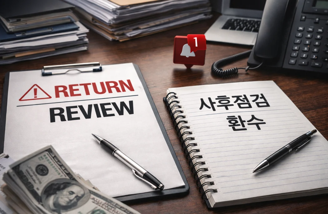 2026 육아휴직 대체인력지원금 사후점검과 환수 관련 서류를 검토하는 사업장 책상 모습