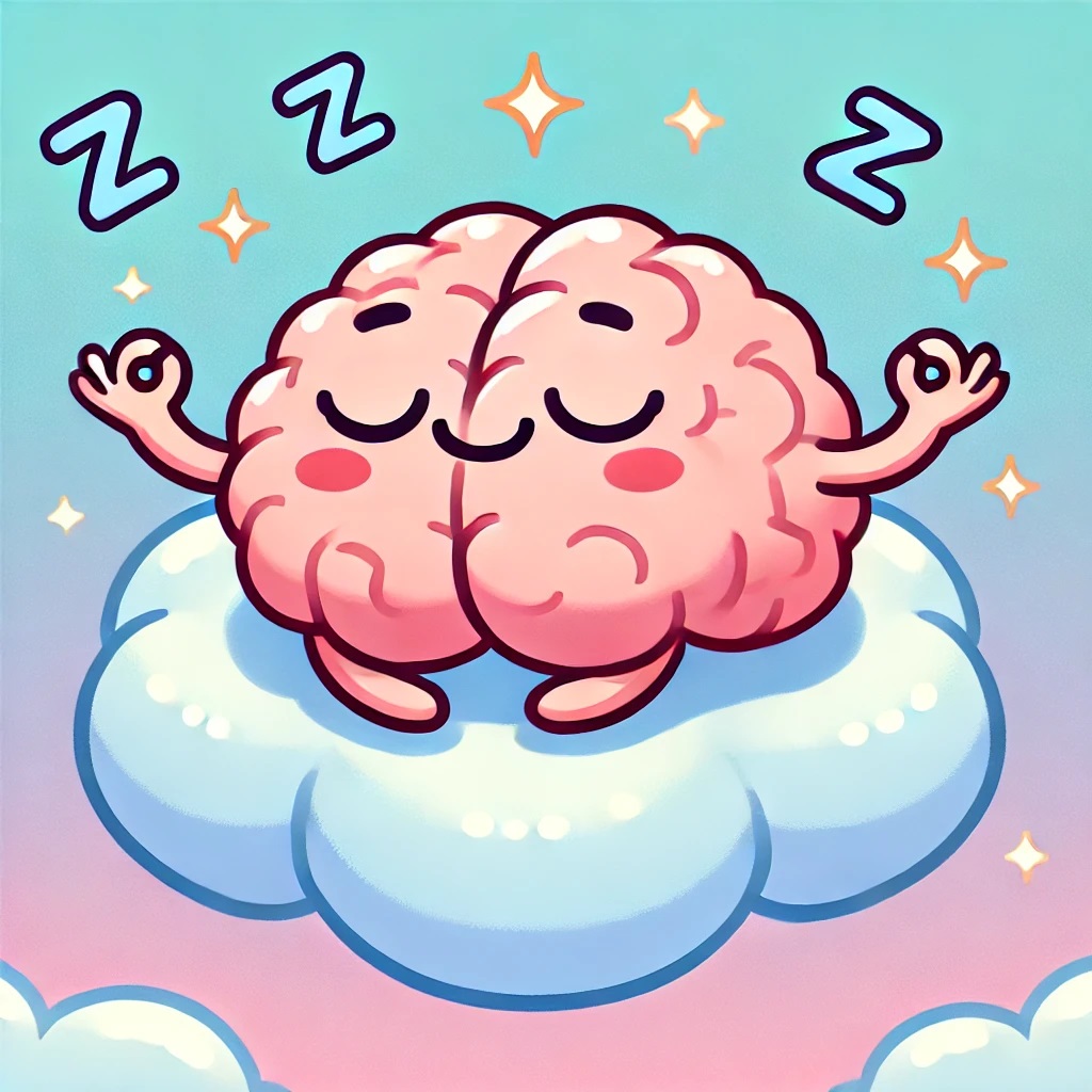 휴식을 취하고 있는 뇌를 카툰 풍으로 그린 일러스트.