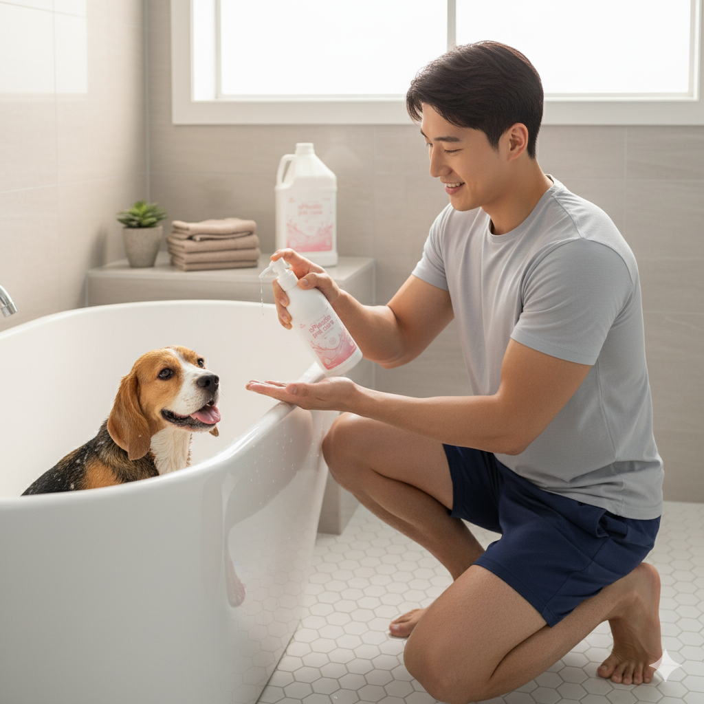가정 욕실에서 남성이 비글 강아지를 목욕시키는 모습. s500 펌프 용기를 사용해 반려동물 샴푸를 짜고 있다