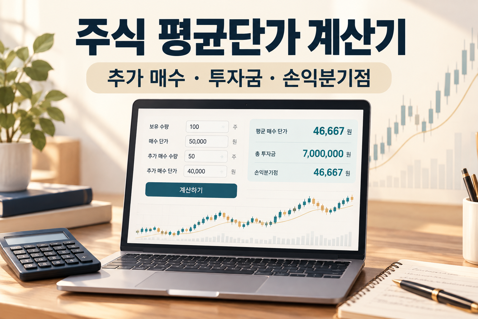 주식 물타기 평균단가 계산기 - 추가 매수금액·손익분기점 비교
