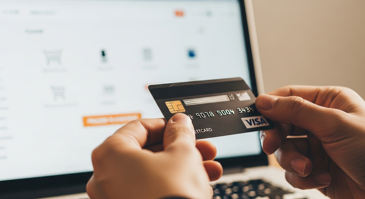 해외 결제용 신용카드를 들고 있는 손과 온라인 쇼핑 카트가 보이는 노트북 화면.