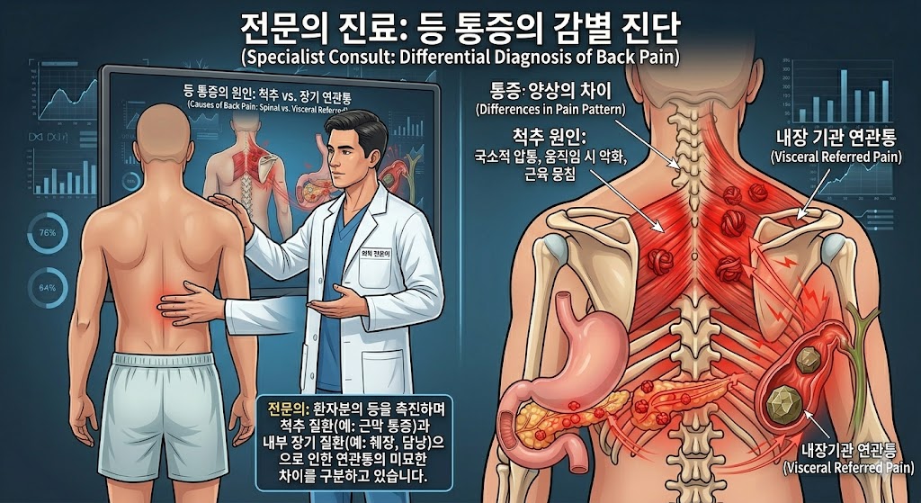 medical professional evaluating a patient's back pain to determine if it is a muscular issue or an internal symptom.