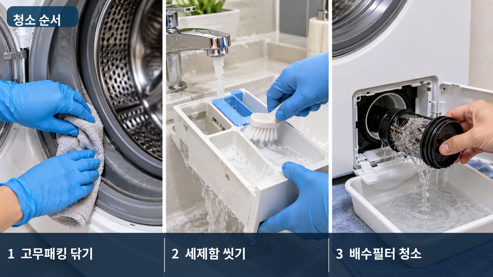 실제 같은 사진 세 장에 고무패킹 닦기, 세제함 씻기, 배수필터 청소의 순서를 한글로 표시한 실사형 인포그래픽