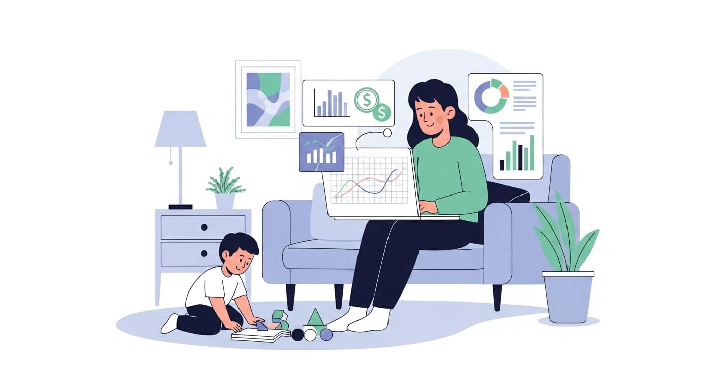 육아휴직 중 부모가 아이 옆에서 노트북으로 재테크 계획을 세우는 모습. 가족과 재정적 안정성을 동시에 추구하는 스마트한 육아휴직을 상징.