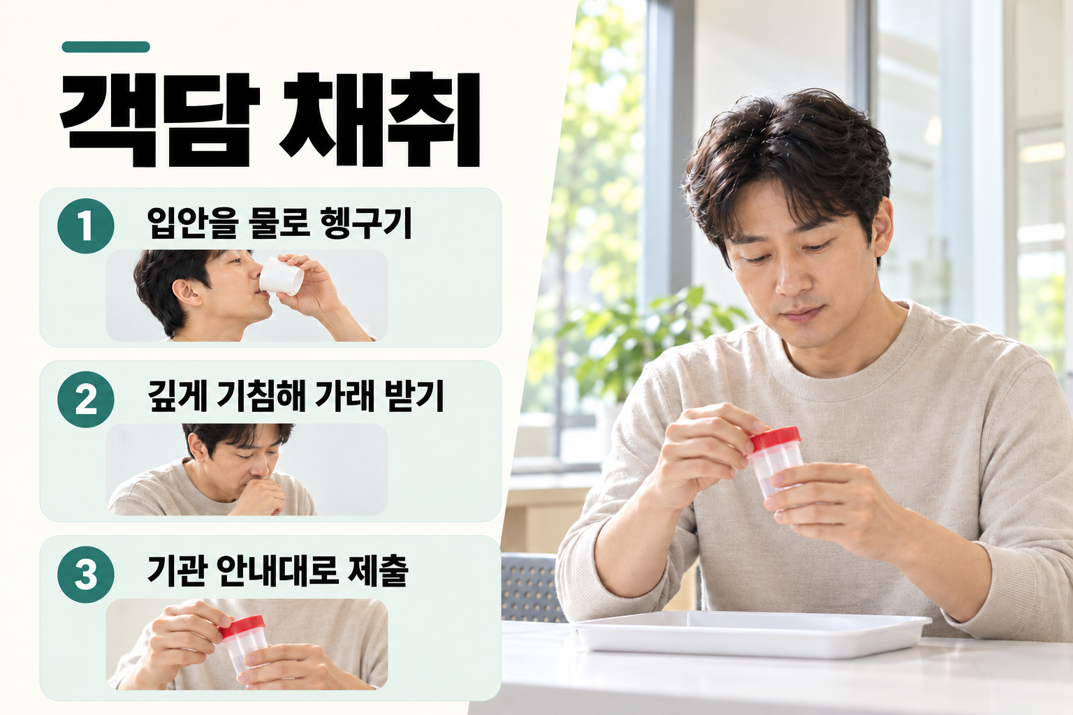 입안을 물로 헹군 뒤 깊게 기침해 가래를 객담통에 받고 기관 안내대로 제출하는 3단계 카드