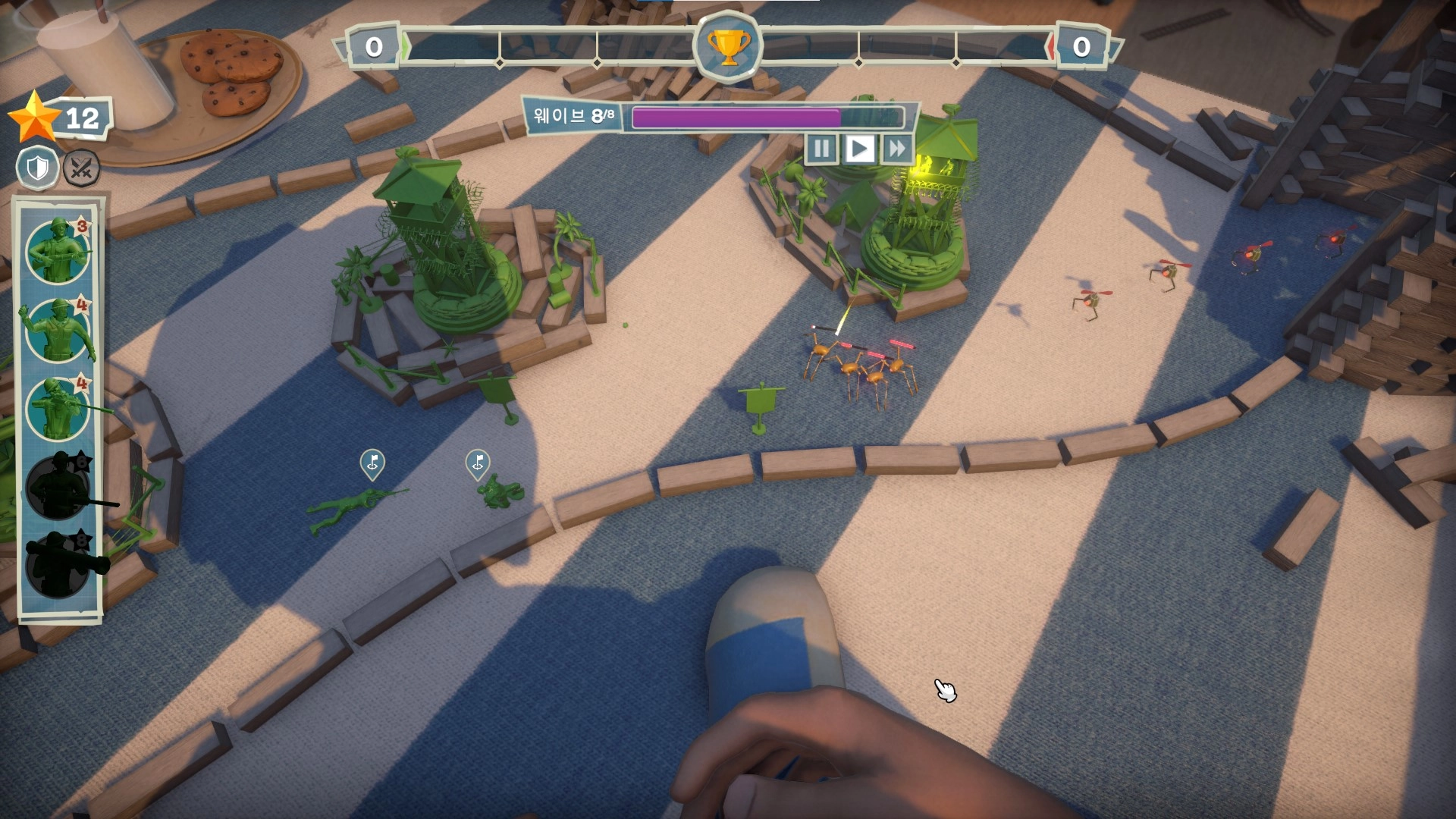 인게임-병사-타워가-적-장난감들과-깨작깨작-싸우는-장면