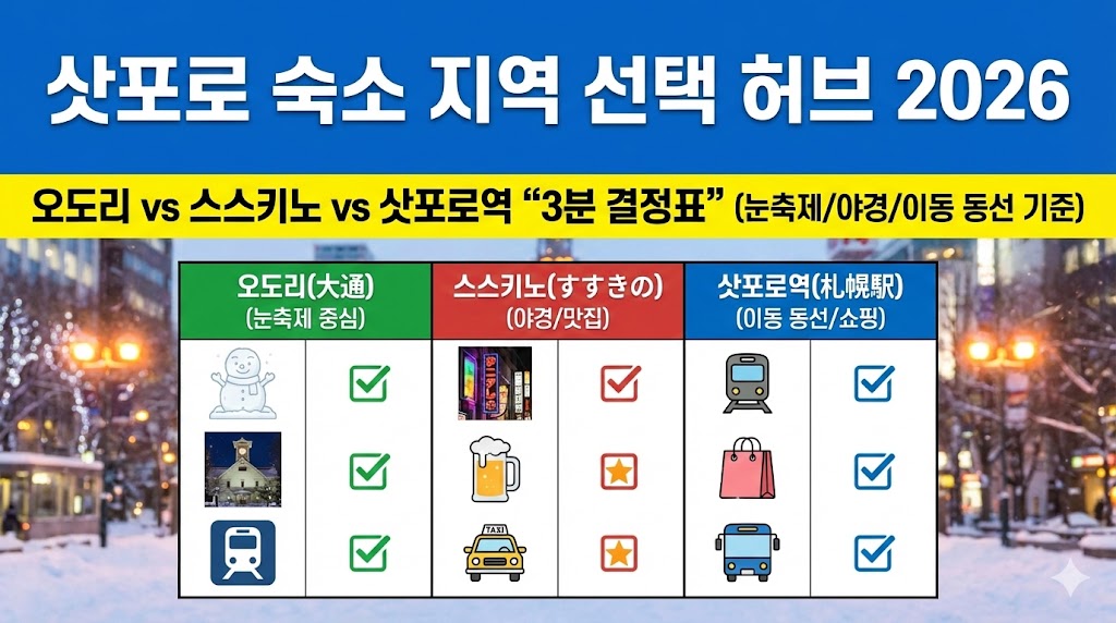 삿포로 숙소 지역 선택 허브 2026오도리 vs 스스키노 vs 삿포로역 &ldquo;3분 결정표&rdquo; (눈축제/야경/이동 동선 기준)