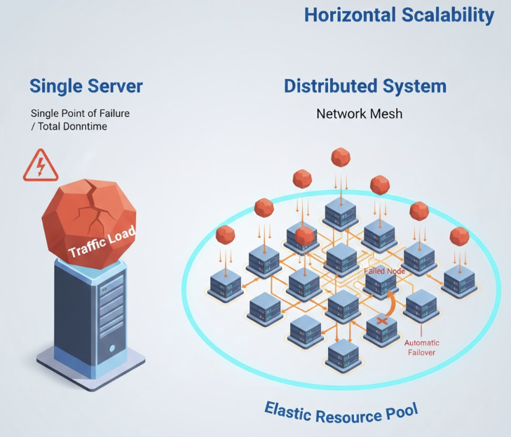거대한 단일 서버의 과부하 위험과 대조적으로, 여러 노드가 네트워크로 연결되어 부하를 분산하고 특정 노드 장애 시 즉각 우회하여 가용성을 유지하는 분산 시스템의 아키텍처 비교 인포그래픽.