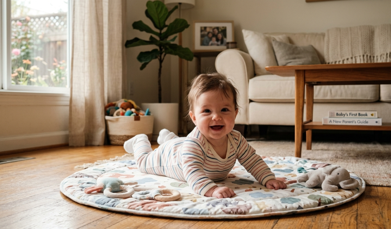 아늑한 거실에서 터미타임 중 환하게 웃는 아기 (A happy baby smiling during tummy time in a cozy, warm-toned home).