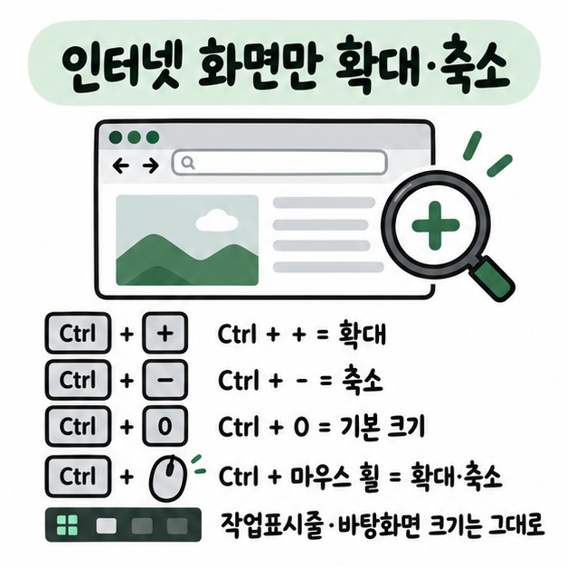 Ctrl 더하기와 Ctrl 빼기, Ctrl 0, Ctrl 마우스 휠로 인터넷 화면만 확대·축소하는 단축키 카드