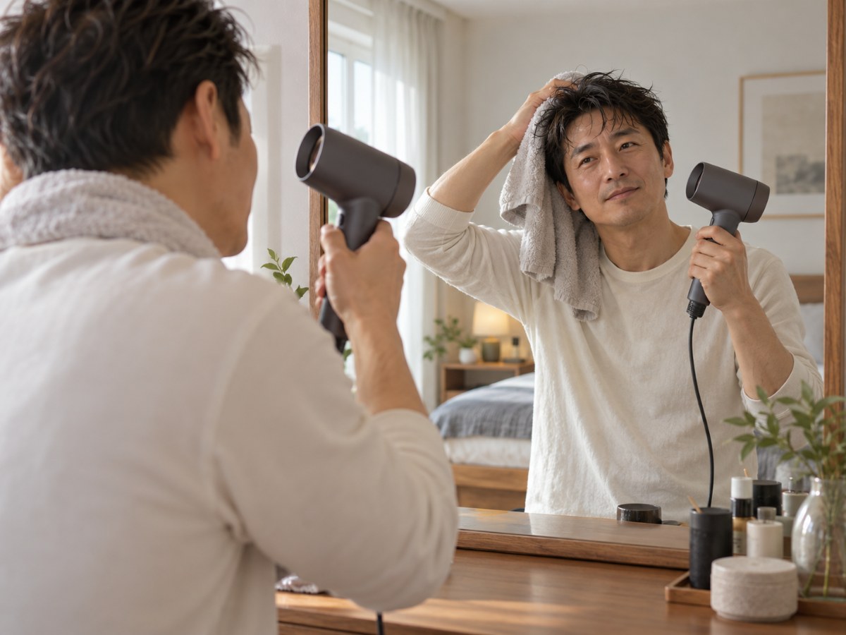 머리를 부드럽게 말리는 남성