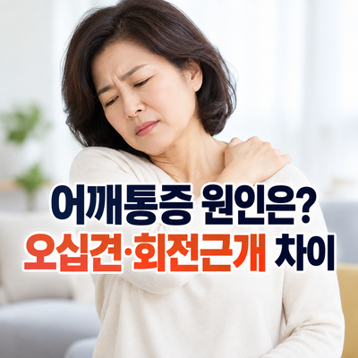 어깨를 짚고 통증을 느끼는 여성과 오십견·회전근개 차이 안내