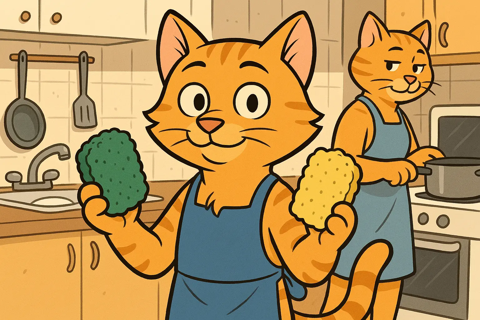 주방 수세미를 들고 있는 고양이, Cat holding a kitchen scrubber